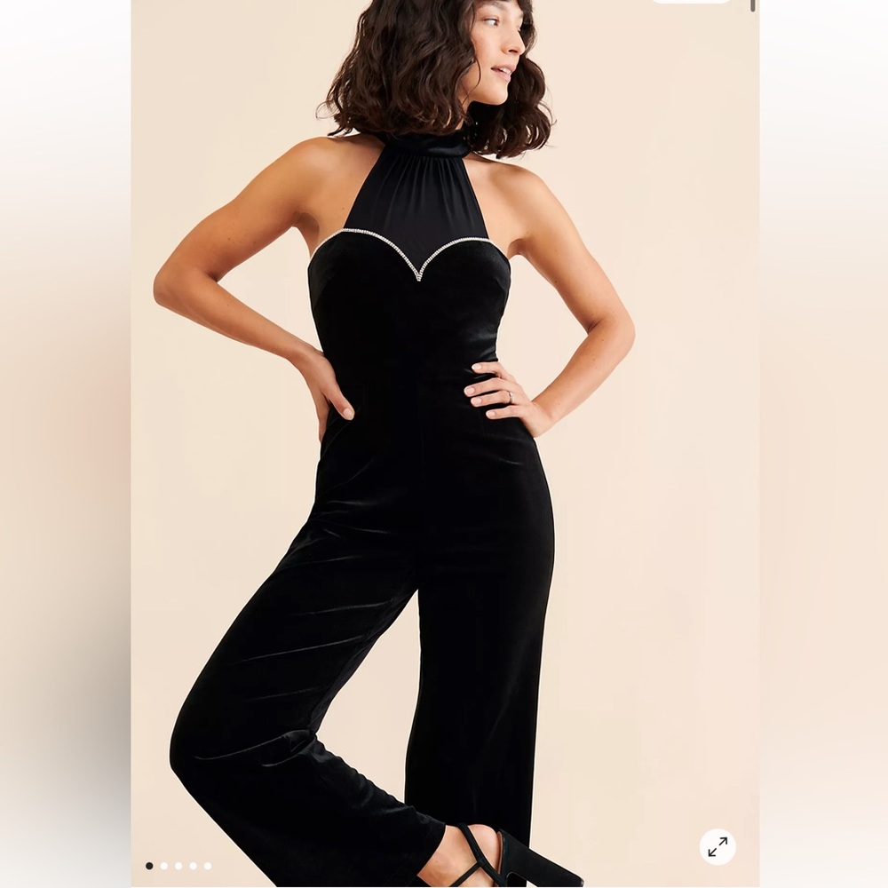 Free People Black Velvet Rhinestone Mesh Neck Jumpsuit Size Medium